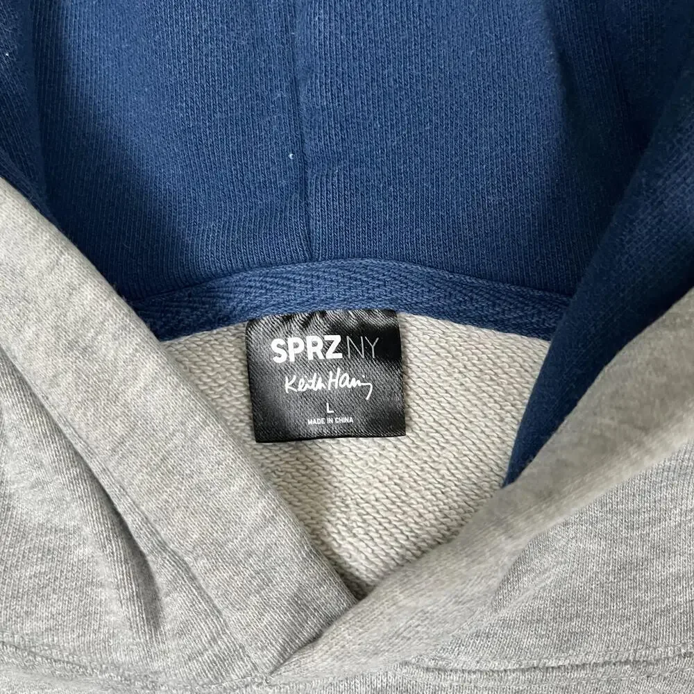 K. Haring Hoodie Mens Large Gray New York Star Graphic SPRZ NY Pullover Retro